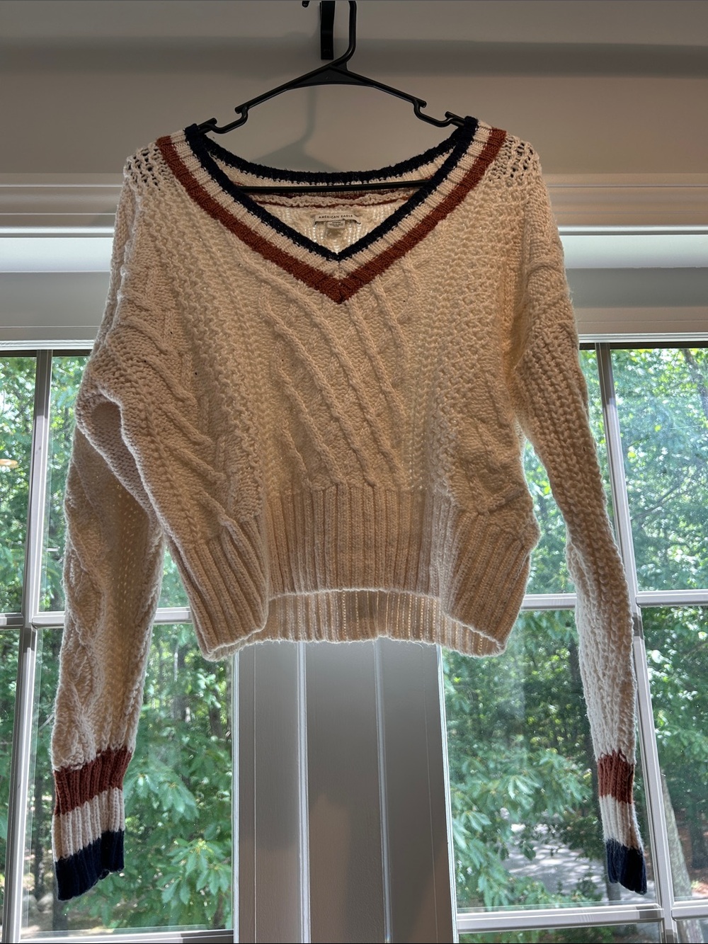 American Eagle Outfitters Cream Cable V-Neck Sweater with Navy & Rust Trim